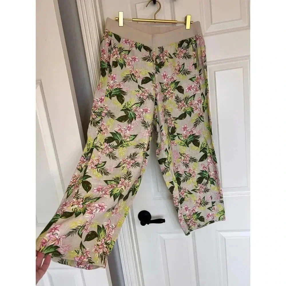 J. Jill 100% love linen ivory liberty floral wide leg crop pants size small‎